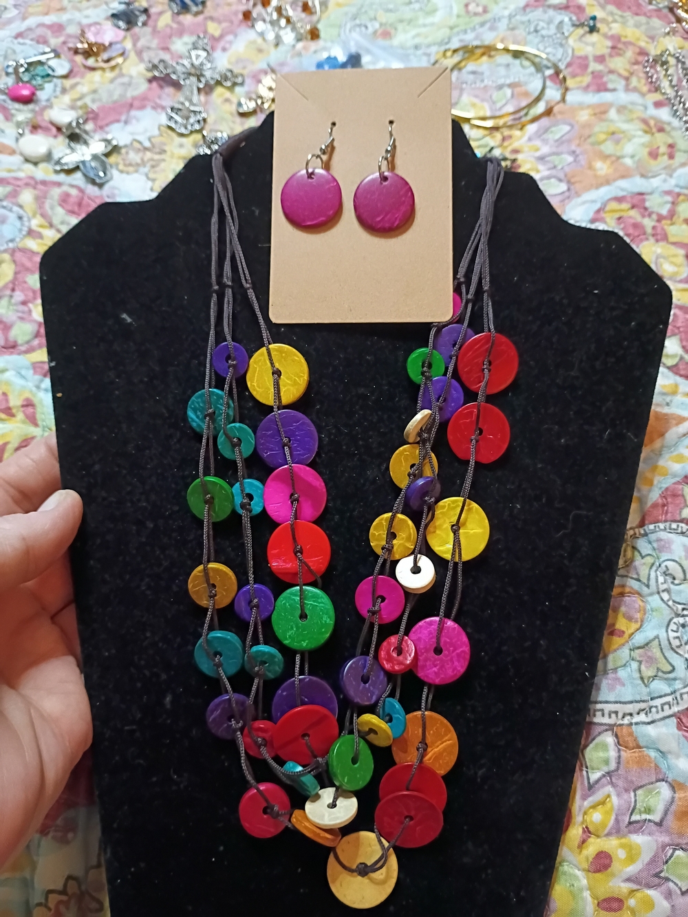 Multicolor Disc Necklace and Pink Disc Earrings Set - Women Jewelry